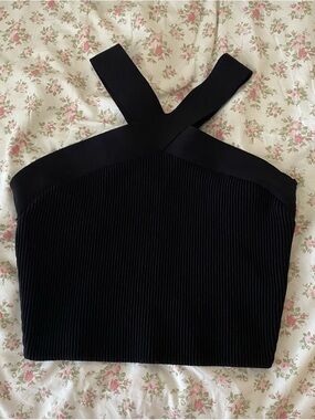 Aritzia Babaton Contour Criss-Cross Black Ribbed Cropped Top